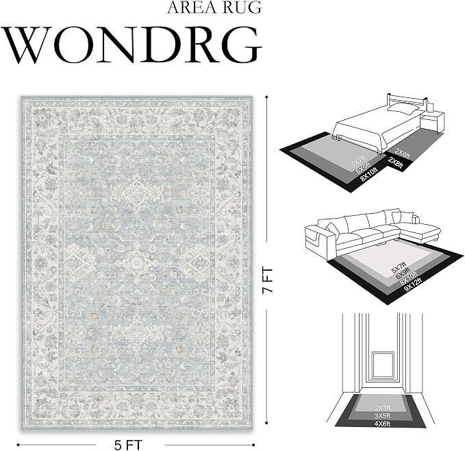 2x8 Blue Washable Runner Rug Non Slip Vintage Carpet | Soft Low Pile, Lightweight Foldable, Pet Friendly, Hallway, Kitchen, Bathroom, Front Door, Beside Bed