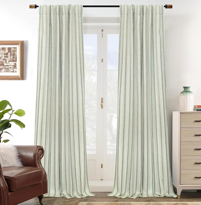 DriftAway Farmhouse Stripe Blackout Curtains, W52xL96, Loden Green | Blackout, Linen Texture, Stripe Pattern, Rod Pocket & Back Tab, Two Layers, Bedroom Living Room Use, Sound Reducing Design