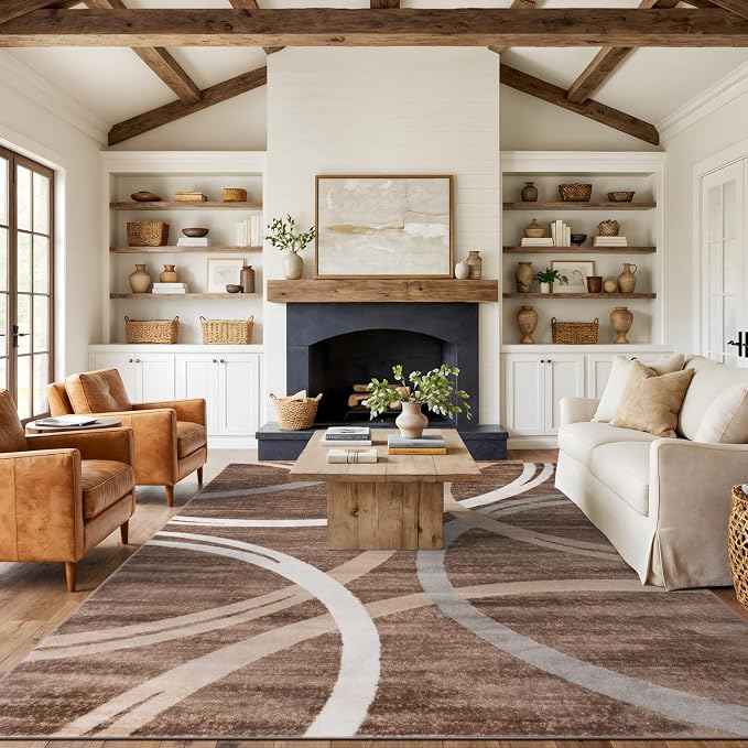 Rugshop Wavy Circles Modern Non-Shedding Area Rug Brown 7'10" x 10'2"