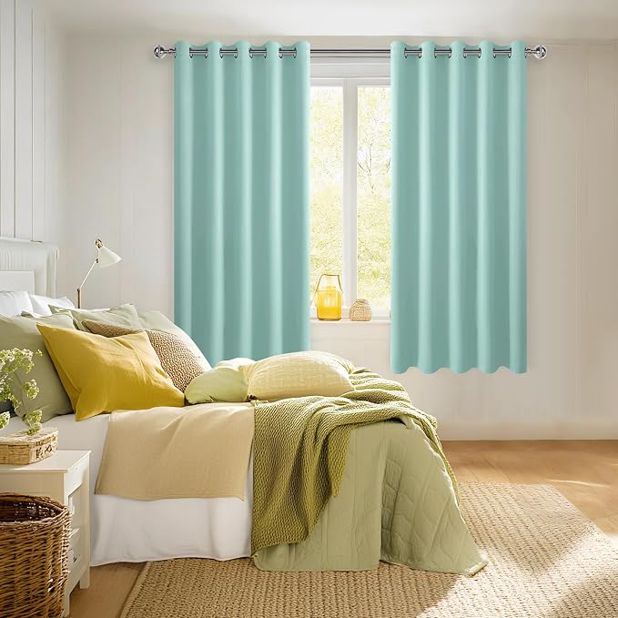 Hiasan Blackout Curtains for Bedroom, 60 x 63 Inches Length - Thermal Insulated & Energy Saving Window Curtains for Living Room, 2 Drape Panels Sewn with Tiebacks, Aqua