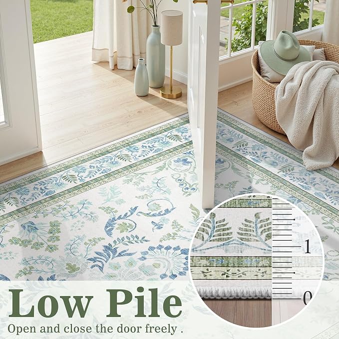DCX Area Rug 4x4 Botanical Floral Washable Rugs in Green and Blue Soft Non Slip Low Pile Stain Resistant Round Carpet for High-Traffic Areas Bedroom Kitchen