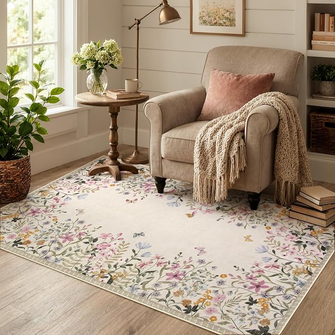 Wonnitar 4x6 Washable Area Rug, Boho Floral Bedroom Rug, Botanical Carpet for Nursery, Beige Non Slip Office Rug, Farmhouse Kitchen Kids Playroom Decor (4x6 Beige)