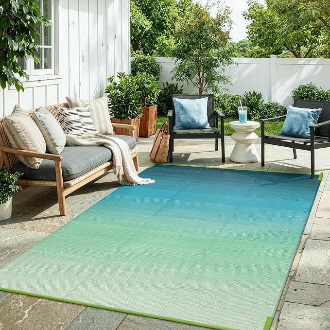 Lahome Outdoor Plastic Straw Rug 5x8, Reversible Waterproof Outdoor Rug Rv Outdoor Mats for Camping Large Carpet for Porch, Deck, Camper, Balcony, Picnic, Blue-Green 5x8