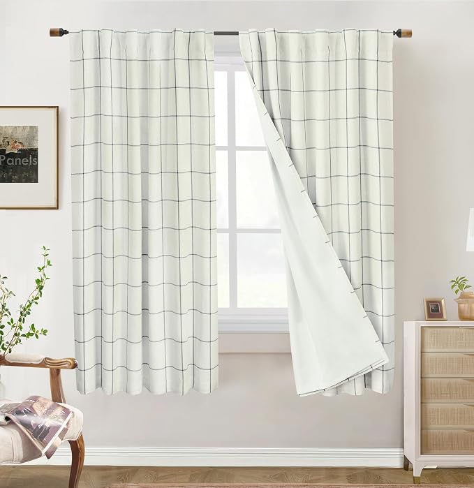 DriftAway 100% Blackout Plaid Linen Curtains 63 Inches Long 2 Panels Black | 100% Blackout, Linen Texture, Plaid Pattern, Two Layers, Rod Pocket & Back Tab, Bedroom Living Room Use, Luxury Appearance