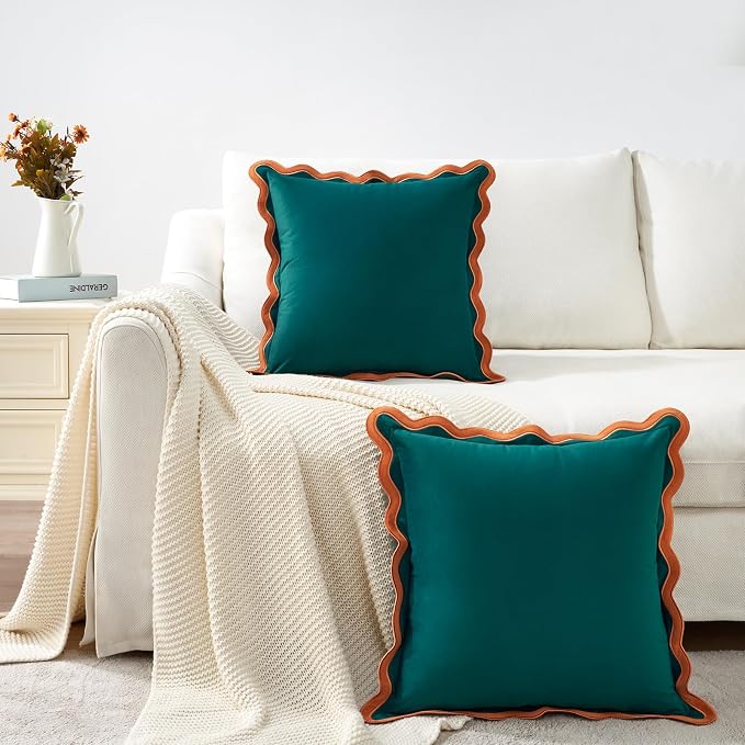 MONDAY MOOSE Decorative Throw Pillow Covers Cushion Cases, Set of 2 Soft Velvet Scalloped Wavy Edge Designs, Mix and Match for Home Decor, Pillow Inserts Not Included (22x22 inch, Coral/Dark Teal)