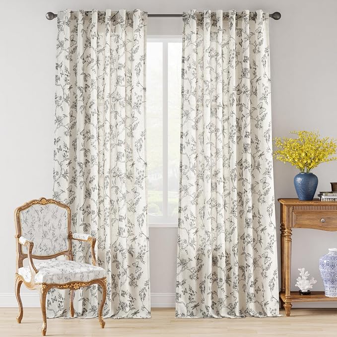 Lazzzy Charlotte Farmhouse Linen Curtains Black Floral Curtains 108 Inch Length Extra Long Drapes for Living Room Bedroom Light Filtering Country Vintage Rod Pocket Curtain, 2 Panels, Black on Beige