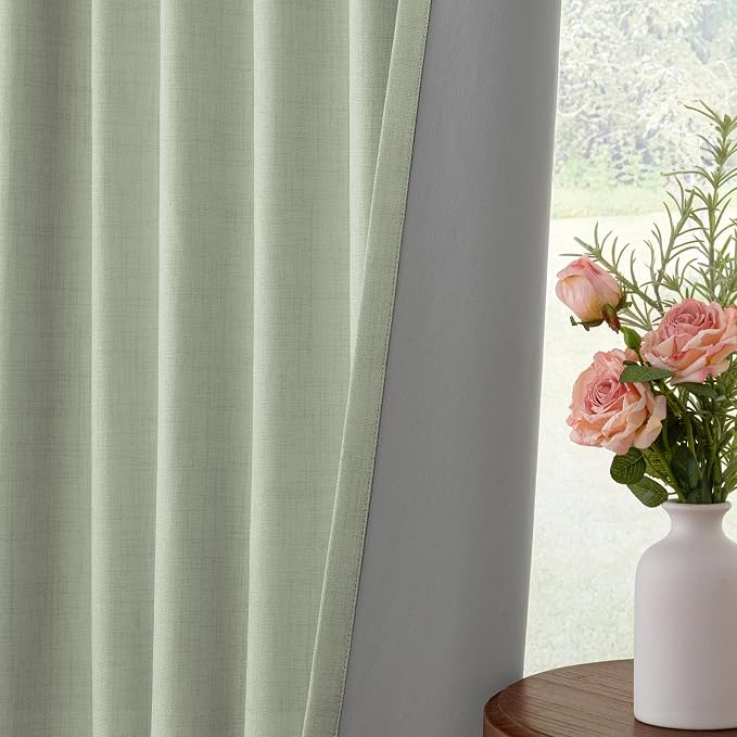 INOVADAY 100% Blackout Curtains for Bedroom, Sage Black Out Curtains 84 Inch Long, Clip Rings Linen Blackout Drapes, Thermal Insulated Room Darkening for Living Room, 1 Panel - W102xL84