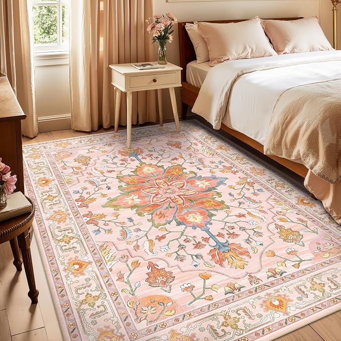 RELEANY Area Rugs 6'x9' Washable Non-Slip, Floral Vintage Distress Medallion Carpet for Living Room Bedroom Dining Room, Light Pink Colorful