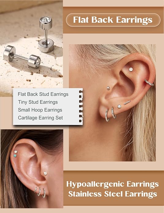 LOLIAS 21Pairs Surgical Steel Flat Back Earrings Hypoallergenic 20G Screw Back Nap Stack Cartilage Earring Stacks