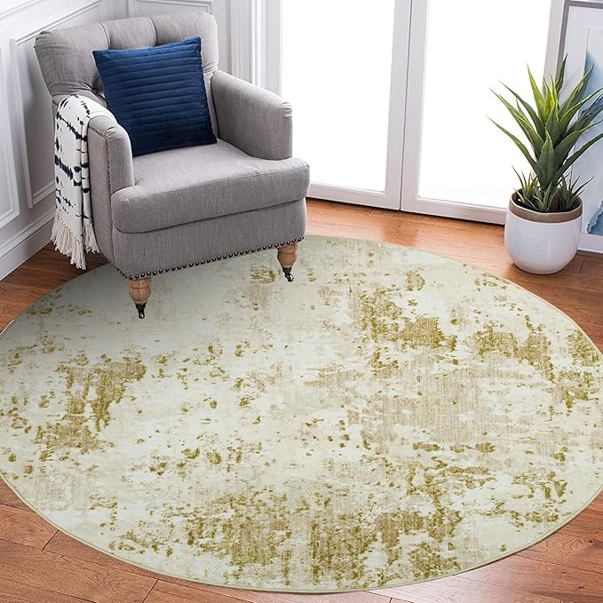 ROYHOME Modern Abstract 6x6 Round Area Rug Non Slip Non Shedding Rug Low Pile Stain Resistant for Bedroom Living Room Office Dining Room,Golden Grey