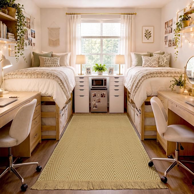 3x5 Washable Boho Area Rug with Tassels for Living Room Yellow Beige | Vacuum Friendly, Machine Washable, Non-Slip Rug, Modern Farmhouse Neutral Decor Carpet, Bedroom Dining Room Office Kitchen