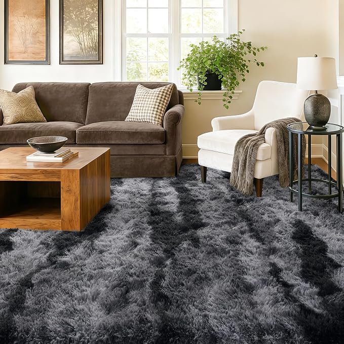 9x12 Extra Large Area Rugs for Living Room, Shaggy Non-Slip Tie-Dyed Rugs for Bedroom Kids Playroom Dorm Room, High Pile Ultra Soft Carpet, Black