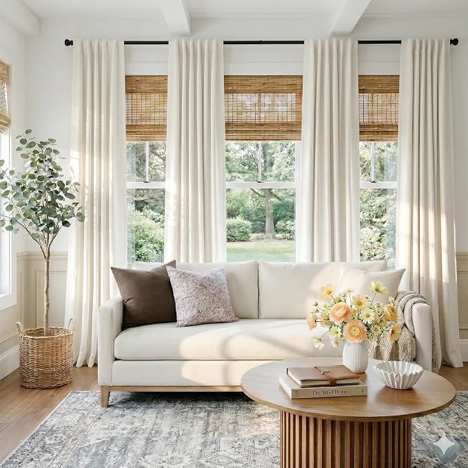 100% Blackout Shield Linen Blackout Curtains for Bedroom 108 Inches Long, Back Tab/Rod Pocket Living Room Drapes, Thermal Insulated Blackout Curtains 2 Panels Set, 50" W x 108" L, Beige White