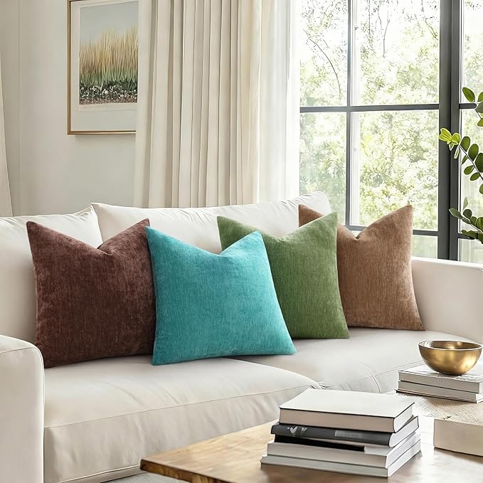 decorUhome Soft Chenille Olive Green Throw Pillow Covers 20X20 Set of 2 | Decorative Fall Couch Pillow Covers Solid Dyed Accent Modern Farmhouse Neutral Square Pillow Cases for Sofa