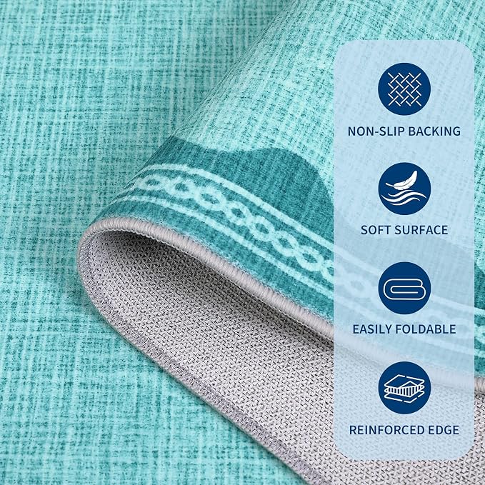 GarveeHome Scalloped Teal 2x6 Runner Rug for Hallway Washable Kitchen Rugs Non Slip Solid Modern Soft Low-Pile Indoor Carpet for Entryway Laundry Room Floor Mats TPE Backing