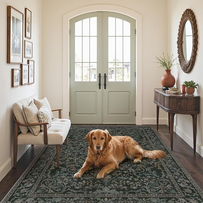 Clearance Vintage Floral Rugs 5x7, Washable Area Rug with Non Slip Backing, Low Pile for Living Room, Nursery,Bedroom & Home Decor, Lightweight Carpet, Dark Green