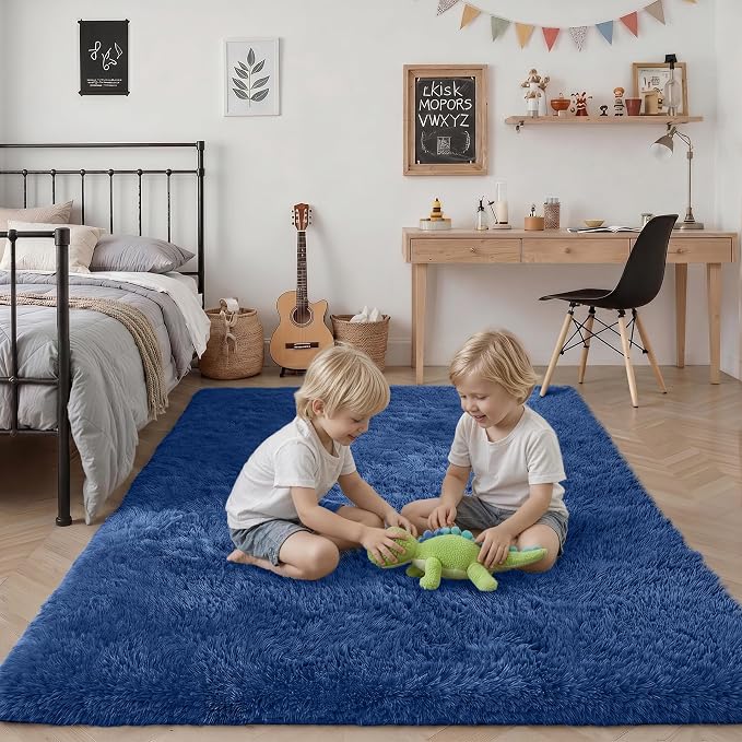 Fluffy 4x6 Area Rugs for Living Room Bedroom: Ultra Soft Shag Rug Non-Slip Non-Shedding Small Plush Bedside Rug Indoor Floor Carpets for Kids Room Playroom Entryway Nursery Dorms Home Decor Blue