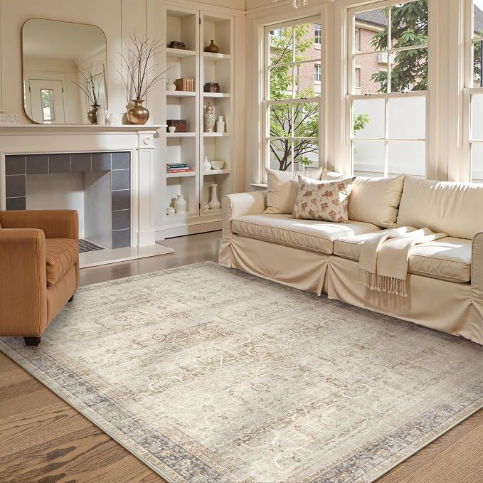 Collive Area Rug for Living Room 5x7, Machine Washable Neutral Boho Rugs for Bedroom, Soft Non-Slip Low Pile Indoor Floor Accent Carpet for Office Entryway Nursery Dining Room - Tan