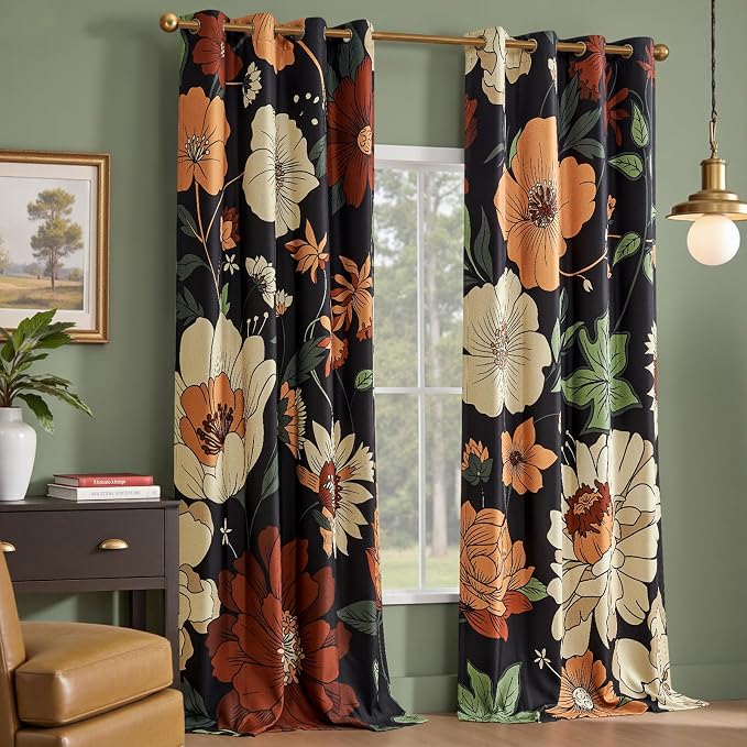 jinchan Black Boho Floral Blackout Curtains 108 Inch Grommet 2 Panels | Room darkening, Vintage, living room, bedroom, privacy, floral print, flower pattern, fall decor, window treatments