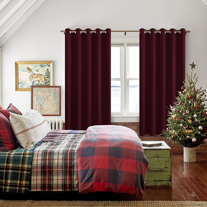 Hiasan Blackout Curtains for Bedroom, 60 x 63 Inches Length - Thermal Insulated & Light Blocking Window Curtains for Living Room Christmas Decor, 2 Drape Panels Sewn with Tiebacks, Burgundy