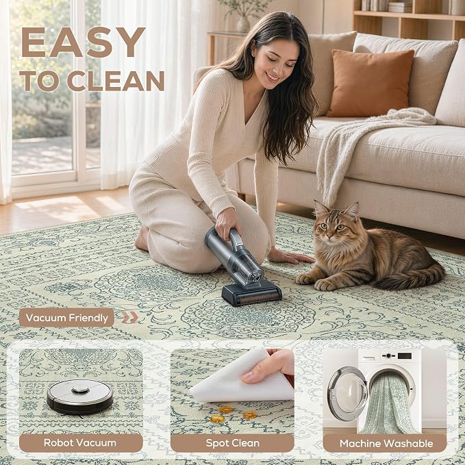 Nakagishi 7x10 Area Rugs Living Room: Washable Large Vintage Rug Neutral Non-Slip Soft Stain Resistant Indoor Carpet for Bedroom Nursery Dining Room Office Playroom - Forest Green