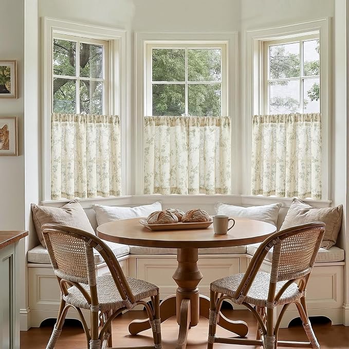 Lazzzy Elisa Floral Kitchen Curtains 24 Inch Linen Cafe Curtains Farmhouse Half Window Drapes Over Sink Light Filtering for Small Windows Rod Pocket Back Tab 2 Panels Green on Beige