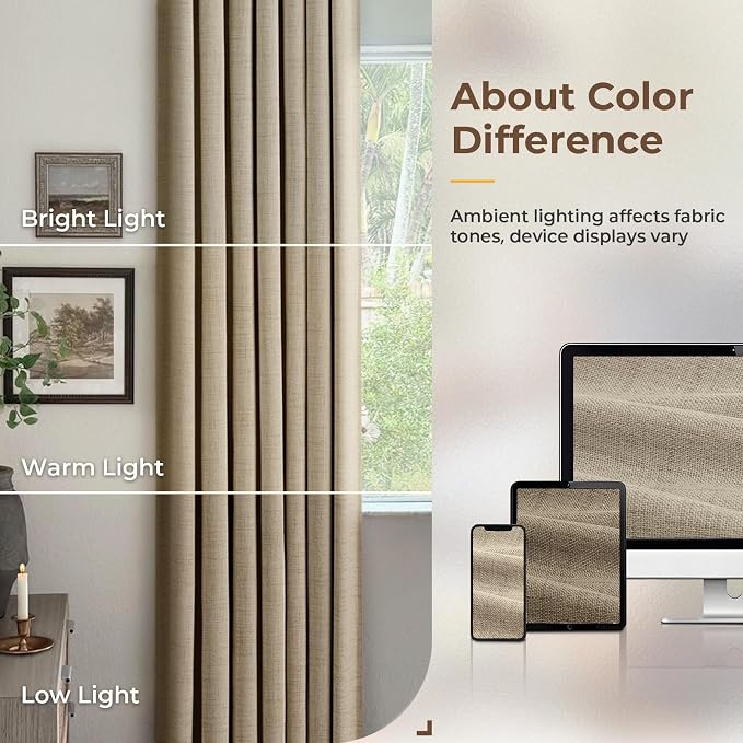 INOVADAY 100% Blackout Curtains for Bedroom, Earthy Beige Black Out Curtains 90 Inch Long, Clip Rings Linen Blackout Drapes, Thermal Insulated Room Darkening for Living Room, 2 Panels - W50xL90
