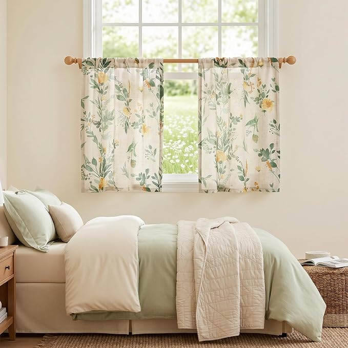 MYSKY HOME Floral Kitchen Curtains 30 Inches Linen Tier Curtains Farmhouse Green Flower Patterned Small Window Treatments Airy Light Filtering Rod Pocket for Living Room Bathroom 2 Panels,Each 26" W