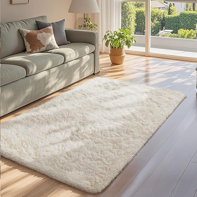 Ophanie 3x5 Rug, Bedside Preppy Dorm Area Rug, College Essentials Non Slip Ivory Small Carpets for Bedroom, Anti Slip Fluffy Living Room Rugs Home Decor with Over 99 pcs Pile fibers