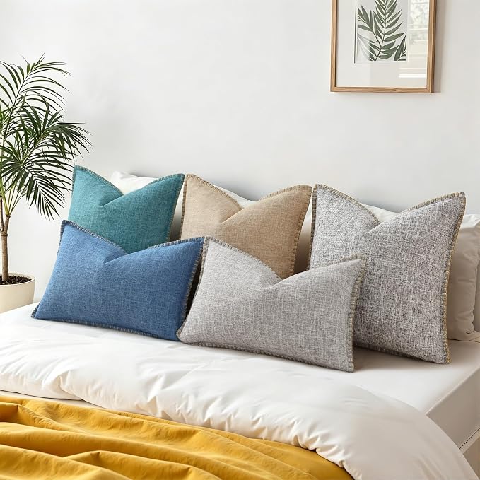 decorUhome Blue Faux Linen Outdoor Throw Pillow Covers 12x20 Set of 2 | Fall Decorative Textured Neutral Modern Farmhouse Pillow Covers with Stitched Edge for Couch Sofa Bed Living Room