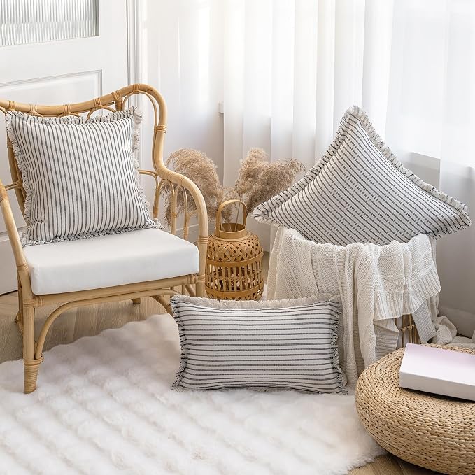 YEENAASY Throw Pillow Covers 22x22 Set of 2 Striped Fringe Pillow Cover Farmhouse Cushion Covers with Tassel Neutral Boho Pillows Decorative Square Pillowcase for Couch Sofa Bed, Black