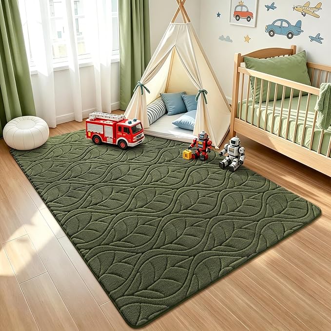 Macgace Soft Area Rug for Girls Bedroom, 4x6 Green Geometric Shag Rugs | Washable Non-Slip Backing Medium Pile Modren Fuzzy Carpet for Kids Room, Classroom, Living Room, Dorm