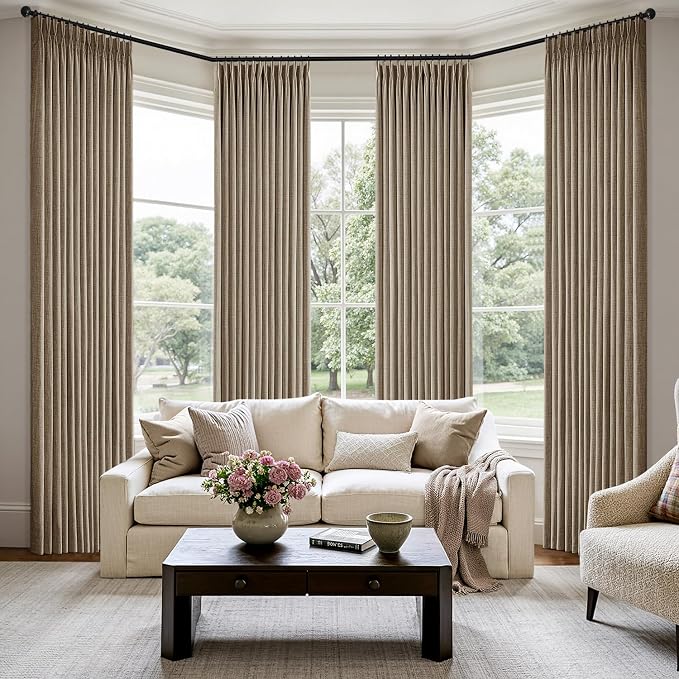 MIULEE Pinch Pleated Thick Linen Curtains 102 Inch 4 Panels Set Back Tab Memory Trained Pinch Pleat Semi Sheer Light Filtering Privacy Curtain Let Light in Window Drape for Living Room Bedroom Latte