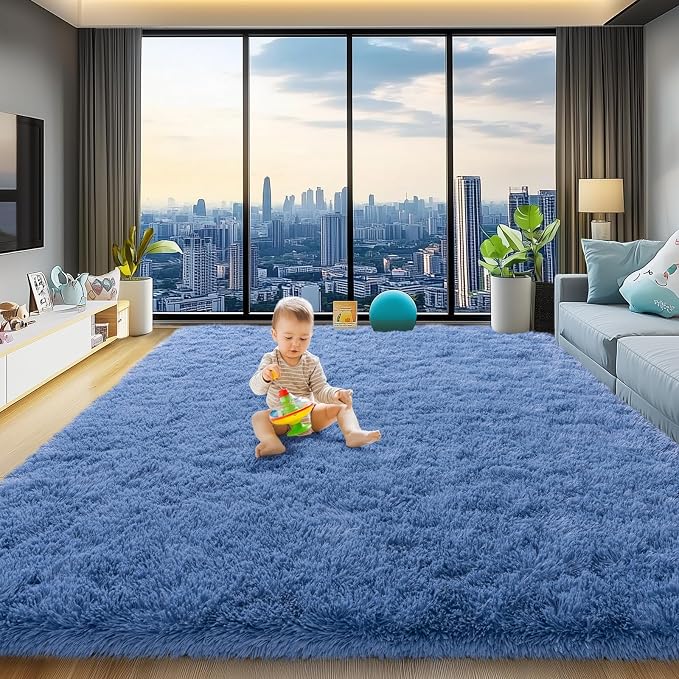 qulint Blue Rug for Living Room 8x10, Plush Fluffy Bedroom Rug 8x10 Soft Shag Large Carpet for Living Room, Shaggy Fuzzy Modern Alfombras for Boys and Girls Dorm Room Home Decor (8ft x 10ft, Blue)