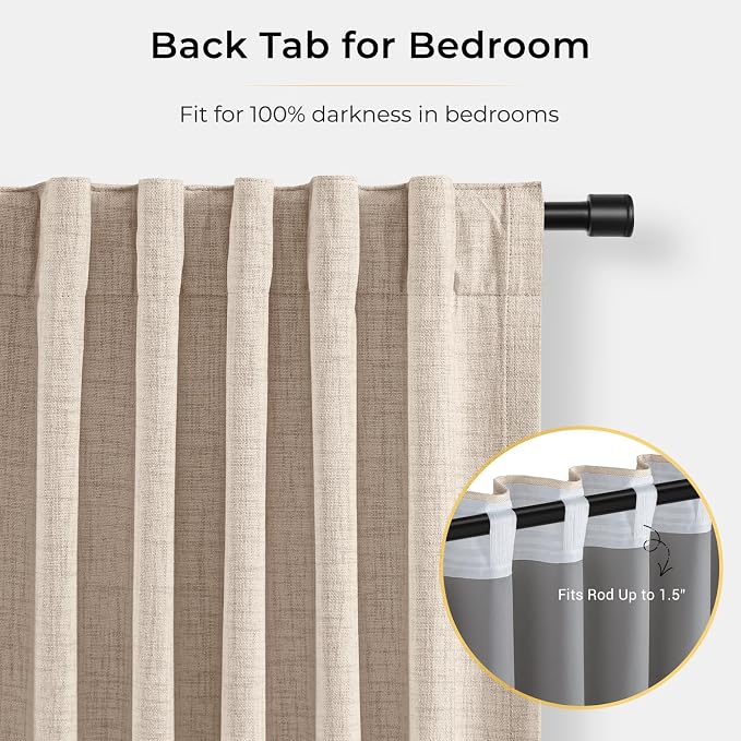 INOVADAY 100% Blackout Curtains for Bedroom, Oatmeal Black Out Curtains 84 Inch Long, Clip Rings Linen Blackout Drapes, Thermal Insulated Room Darkening for Living Room, 1 Panel - W102xL84
