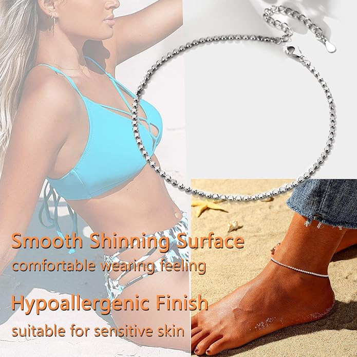 PROSILVER 925 Sterling Silver Ankle Bracelets For Women, Stylish Chain Anklets, Summer Beach Jewelry, 8.6-10.6 Inch Adjustable, Come with Box