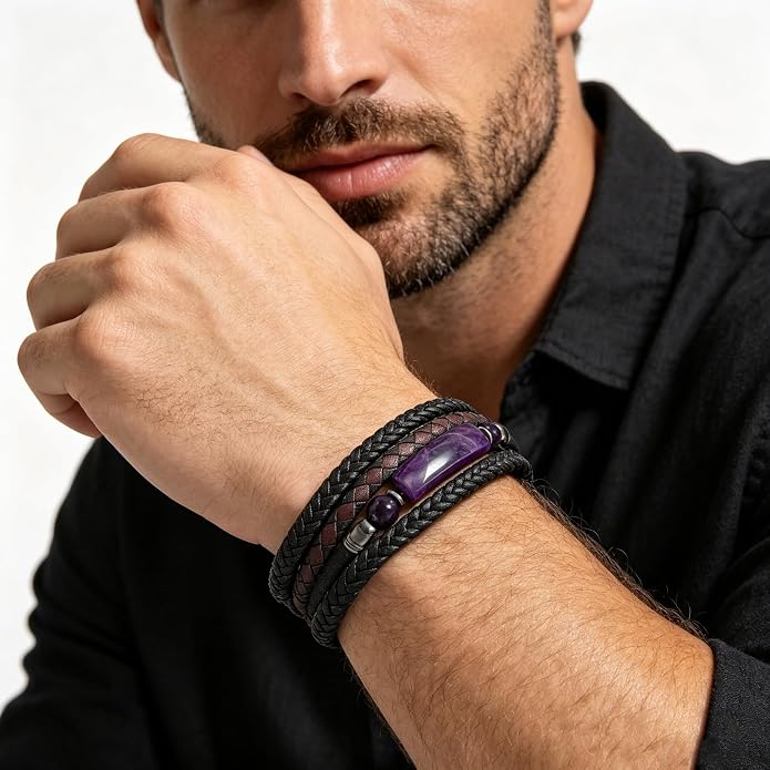 Mens Turquoise/Lapis Lazuli/Tiger Eye/Black Agate/Obsidian Leather Braided Bracelets for Father's Day/Birthdays/Graduation Jewelry Wristband Cuff Bracelet with Stainless Steel Clasp