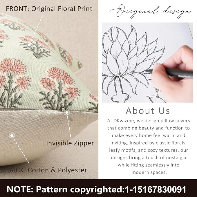 Farmhouse Floral Pillow Covers 20x20 Set of 2, Country Botanical Throw Pillow Cover for Sofa Couch Bed Living Room, Earthic Vintage Flower Cushion Covers Cottage Home Decor,Sage Bloom