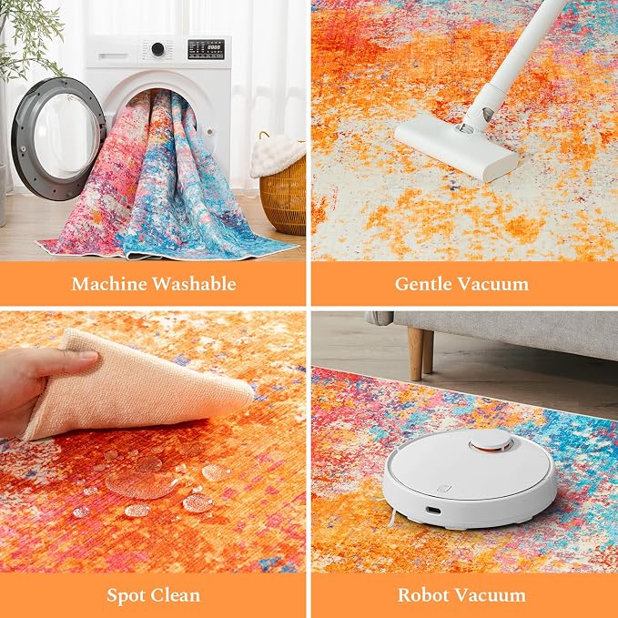 Rugflix 2x6 Runner Rug for Entryway, Kitchen Rugs Soft Non-Slip Washable Runners for Hallway, Abstract Small Carpet with Non-Slip Backing for Bedroom, Living Room, Rainbow
