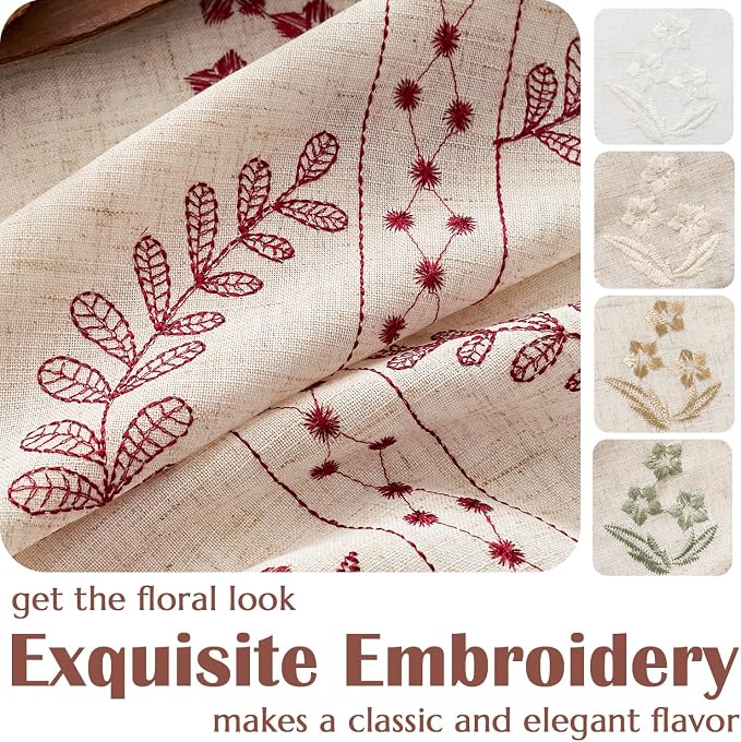 jinchan Floral Linen Curtains 84 Inch Back Tab 2 Panels Burgundy Red | Embroidered curtains,boho curtains,living room,bedroom,light filtering,privacy,flower patterned drapes,window treatment