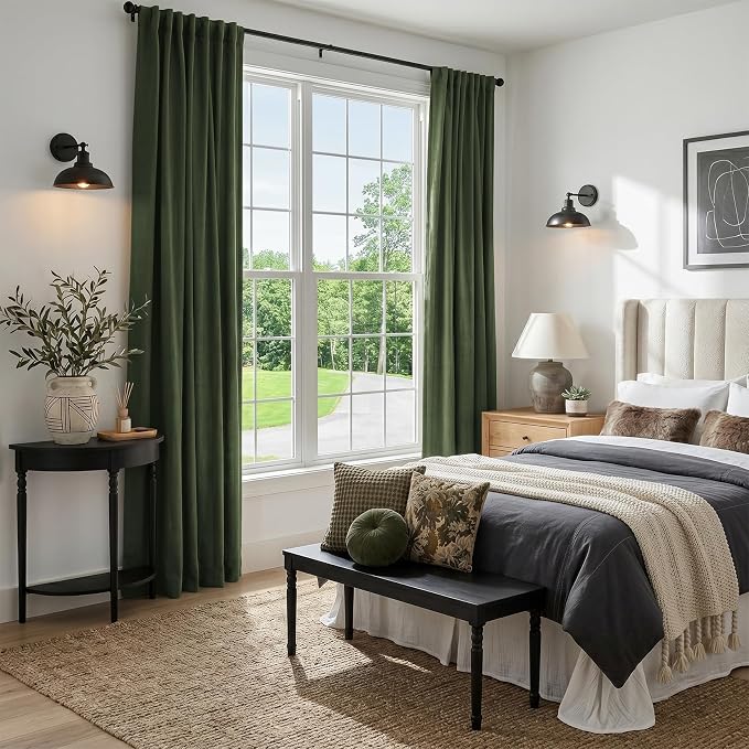 INOVADAY 100% Blackout Curtains 90 Inches Length 2 Panels Set, Back Tab/Rod Pocket Linen Black Out Curtains for Bedroom, Thermal Insulated Window Drapes - Loden Green, W50 X L90