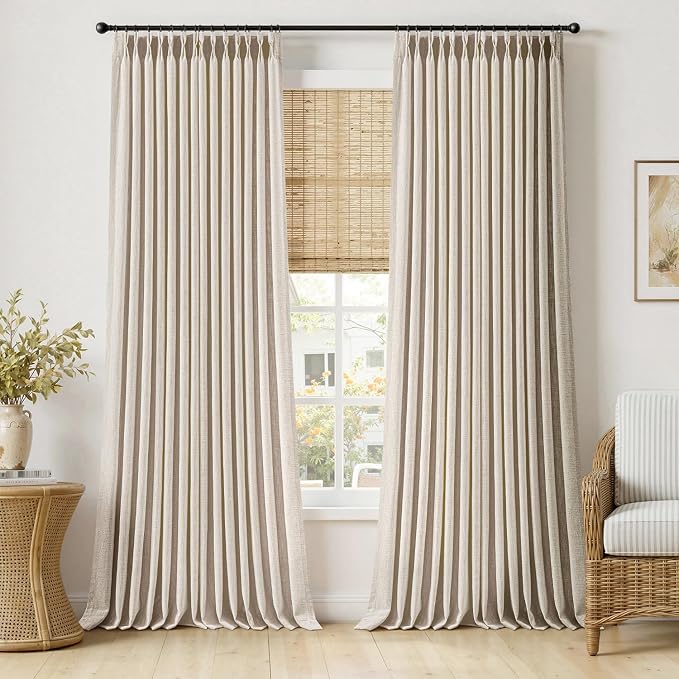 MIULEE Pinch Pleated Thick Linen Curtains 108 Inches Long 2 Panels for Living Room Bedroom, Linen Textured Drapes Pinch Pleat Back Tab Semi Sheer Privacy Neutral Ivory Cream Foor to Ceiling Curtains