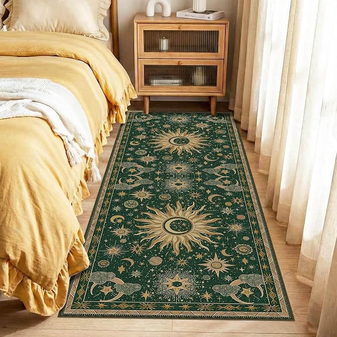 Vacuum-Friendly, 2x6 Washable Area Rug, Green Gold Yellow | Sun and Moon Boho Gothic Non-Slip Low Pile Living Roon Bedroom Dining Room Kitchen Entry Entryway Entrance Hallway Doormat