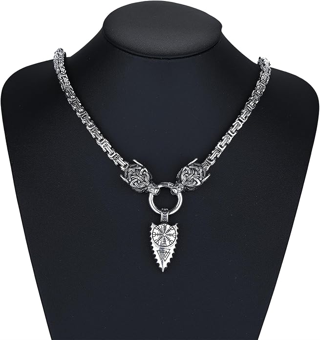 ROWIN&CO Viking Necklace for Men, Stainless Steel Nordic Runes Wolf Head Spearhead & Trinity Knot Pendant with Byzantine Chain Amulet, Norse Mythology Pagan Gothic Biker Jewelry Gift