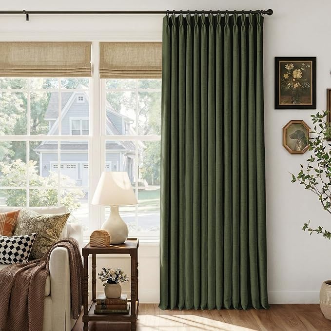 CAPALOCA Loden Green Linen Pinch Pleated Curtains Blackout, 100% Black Out Curtains 84 inch Long for Bedroom, Blackout Thermal Insulated Pinch Pleated Drapes for Living Room, 60" W x 84" L, 1 Panel