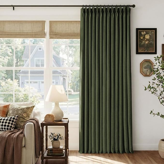 CAPALOCA Loden Green Linen Pinch Pleated Curtains Blackout, 100% Black Out Curtains 90 inch Long for Bedroom, Blackout Thermal Insulated Pinch Pleated Drapes for Living Room, 60" W x 90" L, 1 Panel