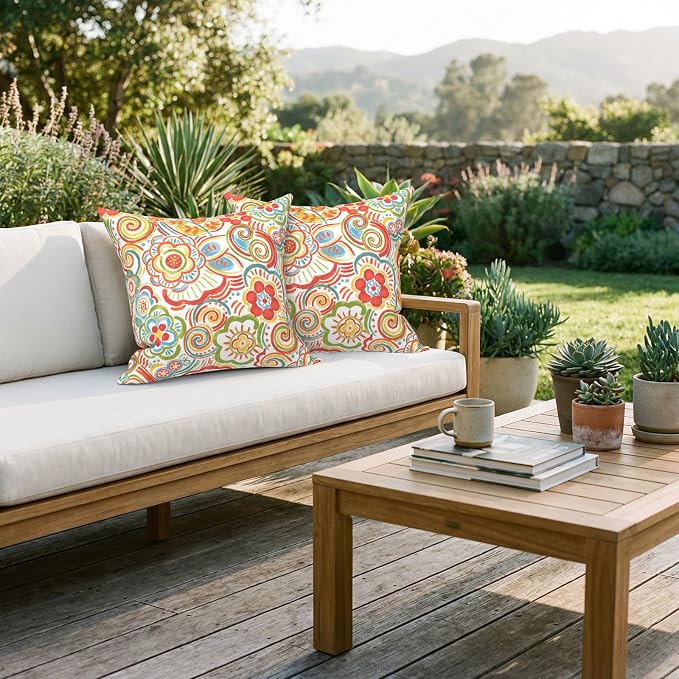 Pack of 2 Patio Throw Pillow Covers ONLY, Water Repellent Cushion Cases 20x20 Inch, Square Pillowcases for Outdoor Couch Decoration, Flower Multi