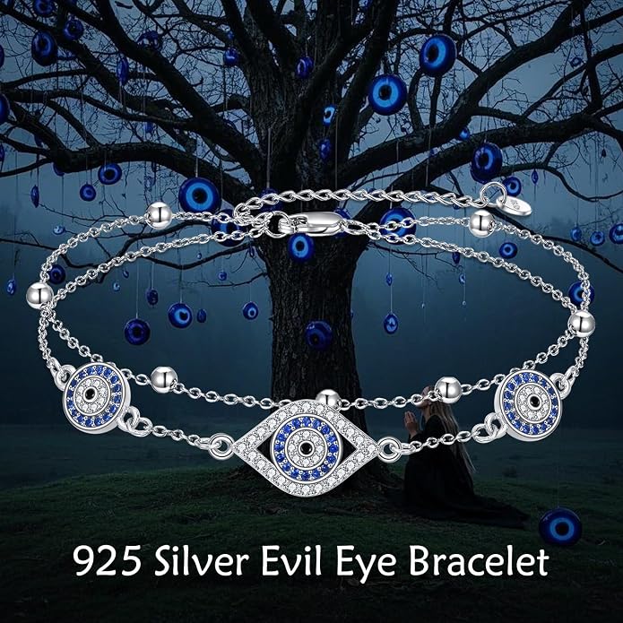 S925 Sterling Silver Evil Eye Anklet for Women, Protection Charm Ankle Bracelet, Adjustable Chain Anklet, Gift for Her