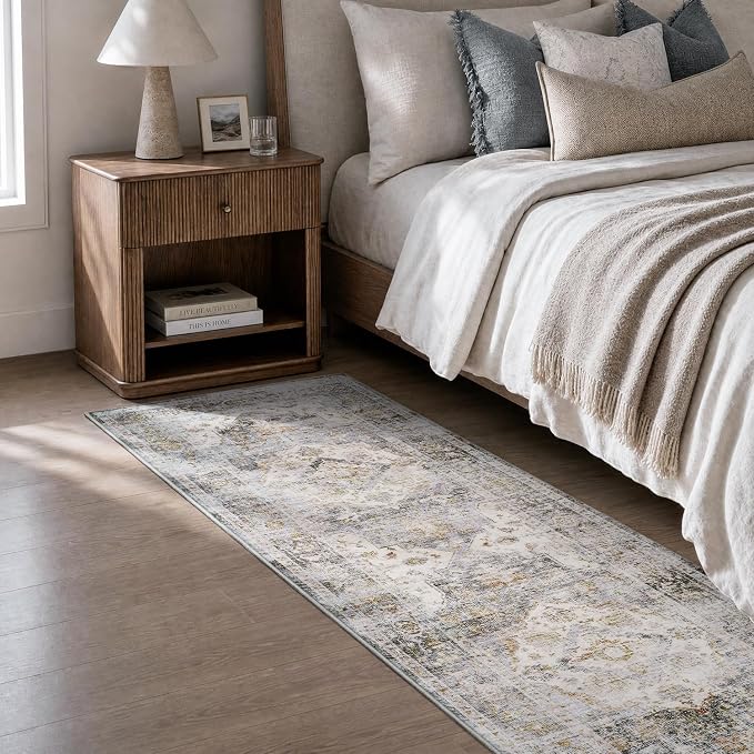 AMOAMI-2X10 Runner Rug-Washable Runners for Hallways-Soft Non Slip Bedside Rugs for Bedroom-Vintage Long Rug for Hallways Entryway Laundry Room Stair Kitchen Bathroom Grey