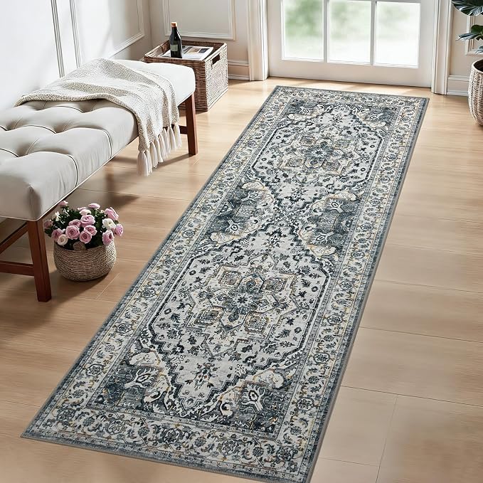 Joydeco Washable 2x6 Hallway Runner Vintage, White&Light Gray&Dark Gray | Water Resistant Low Pile Non Slip Backing for Kitchen Entryway Bedroom Bathroom Dining Room